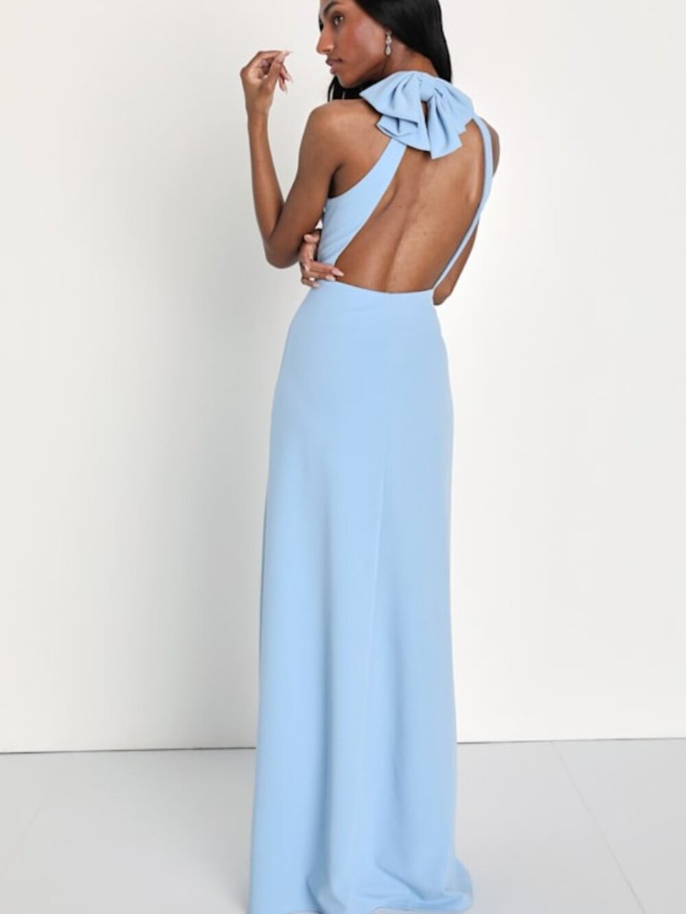 Lulus Striking Elegance Light Blue Bow Backless Halter Maxi Dress - Size XS